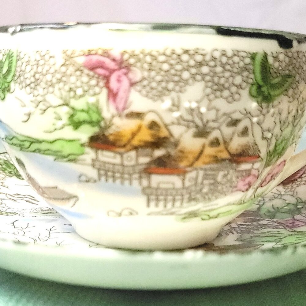 Antique Japanese Hand Painted Tea Cup & Saucer - 1920s Landscape & Moriage